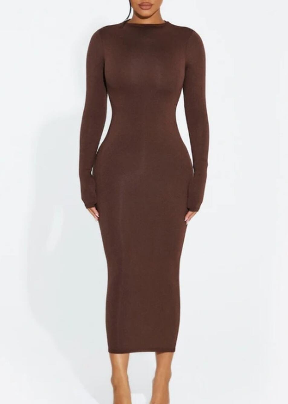 NEW Naked Wardrobe Sculpt Chocolate Brown Midi bodycon Dress Size Small NICE
